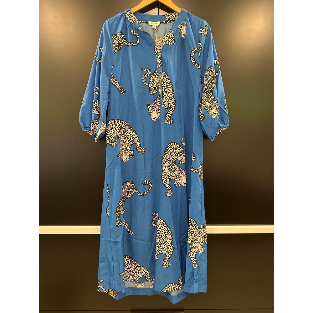 Umgee USA Blue Leopard Print Midi Dress Womens Medium NWT K7932 Puff Sleeve